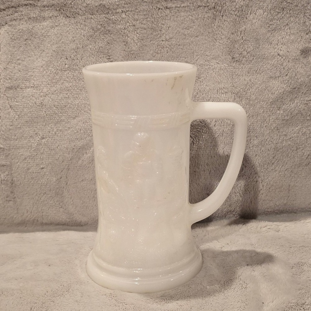 Vintage Milk Glass Beer Stein Embossed Tavern Scene White Barware Mug Approx: 6"